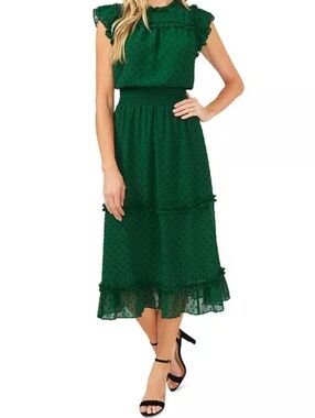 KATE and LILY size 10 Sheer Ruffled Swiss Dot Midi Dress Lined Green